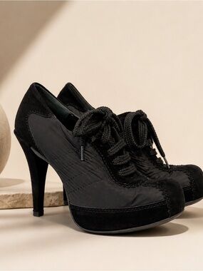 Pedro Garcia Black Lace-Up Heels Suede Nylon Designer Pumps Made in Spain EU 38